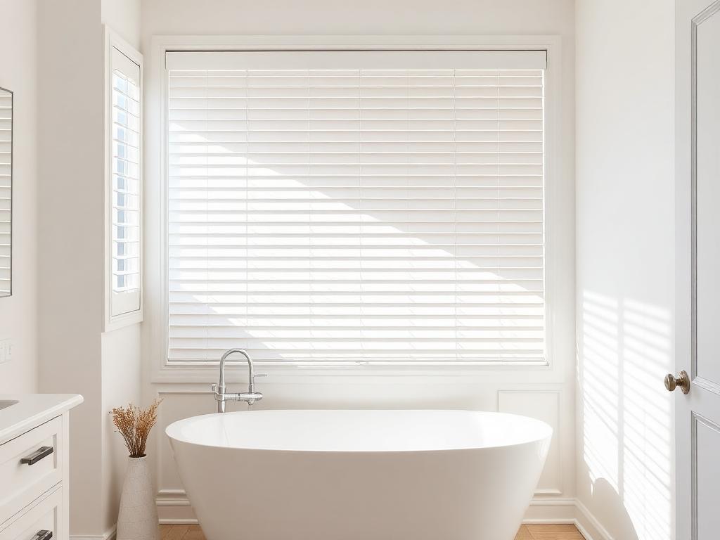 White inside-mount blinds fitted neatly within a bathroom window frame