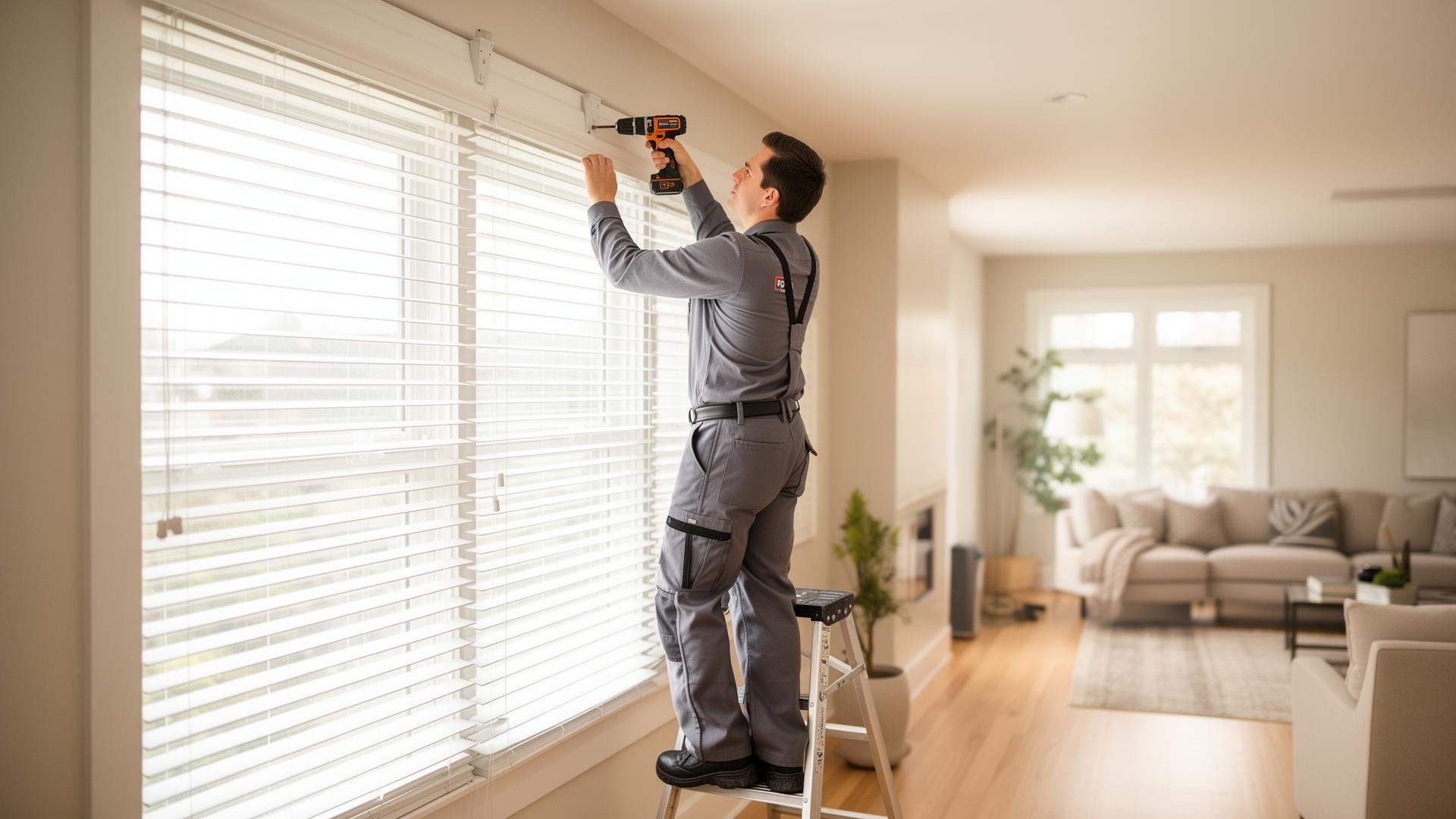A Blinds Plus installer measuring a window opening before installing custom blinds